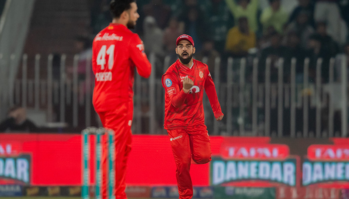 Islamabad United skipper Shadab Khan celebrates wicket during the match against Karachi Kings on March 7, 2024. — PCB