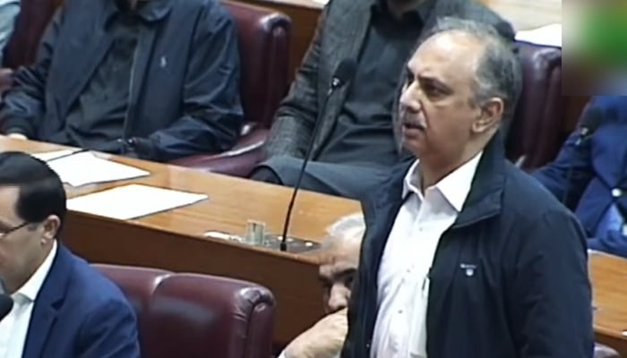 PTI leader Omer Ayub Khan addresses the National Assembly on March 8, 2024, in this still taken from a video. — YouTube/PTV Parliament