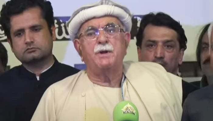 PkMAP chief and PTI-SIC candidate Mahmood Khan Achakzai addresses a press conference after presidential election in Islamabad on March 9, 2024 in this still taken from a video. — Geo News