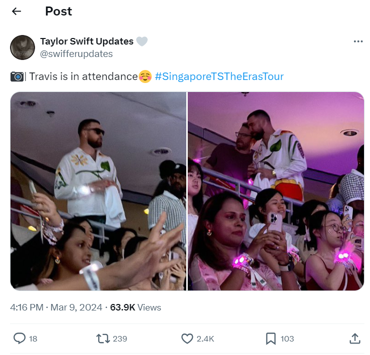 Travis Kelce supports Taylor Swift at ‘Eras Tour second night in a row