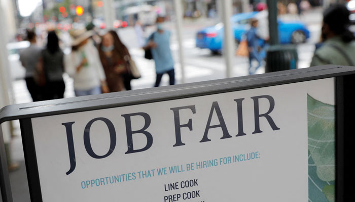 Signage for a job fair is seen on 5th Avenue after the release of the jobs report in Manhattan, New York City, US, September 3, 2021. —Reuters