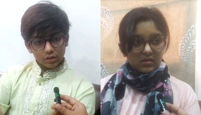 Missing siblings Ayan (left) and Anabiya speaks to Geo News after returning home in these still taken from a video. — Geo News