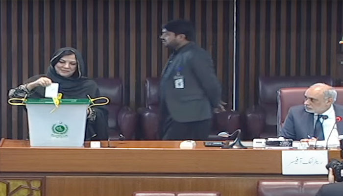 Voting underway in the National Assembly for Senate seat from Islamabad. — PTV Parliament