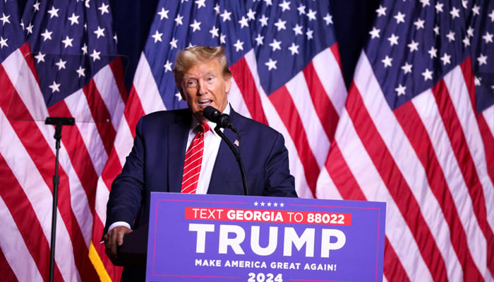 Republican presidential candidate and former President Donald Trump speaks during a campaign rally at the Forum River Center in Rome, Georgia, on March 9, 2024. – Reuters