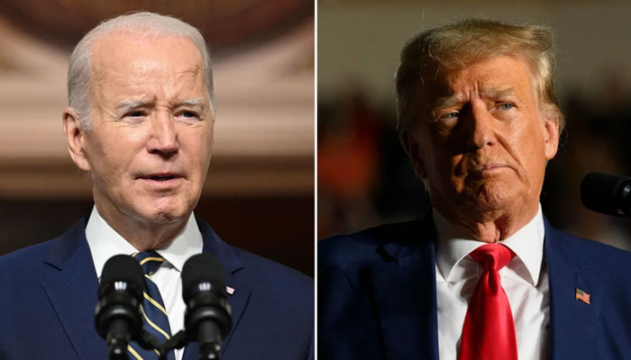 Joe Biden and Donald Trump gesture during separate gatherings. — AFP/File