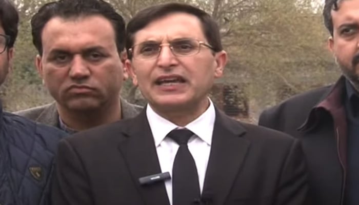 PTI Chairman Barrister Gohar Ali Khan addresses the press conference outside Rawalpindis Adiala Jail on March 21, 2024, in this still taken from a video. — Geo News