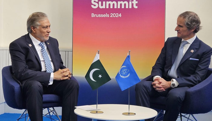 Foreign Minister Ishaq Dar (left) meets International Atomic Energy Agency (IAEA) Director General Rafael Mariano Grossi on sidelines of the Nuclear Energy Summit in Brussels on March 21, 2024. — APP