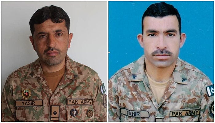 Pakistan army soldiers, Naib Subedar Yasir Shakeel (left) and Sepoy Tahir Naveed (right) can be seen in this collage of their file photos. —ISPR