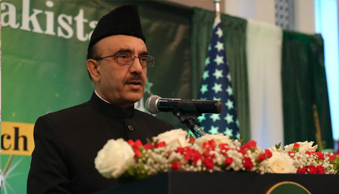 Pakistans Ambassador to US Masood Khan speaks at the reception hosted by the Pakistani embassy in Washington to commemorate Pakistan Day on March 23, 2024. — X/@PakinUSA