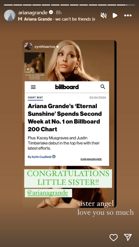 Ariana Grande enjoys second week of Billboard success with eternal sunshine