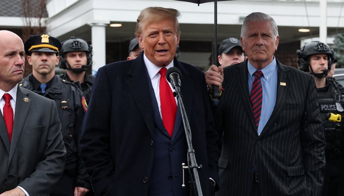 Former president Donald Trump speaks after attending a wake for a New York City Police Department officer at a funeral home in Massapequa Park, New York on March 28, 2024. Donald Trump claims Joe Biden lost respect. — Reuters