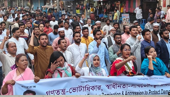 Supporters of Gono Odhikar Parishad, an opposition political party, hold a rally in Dhaka in support of the India Out campaign, Feb. 13, 2024. — Voice of America