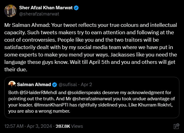 Screenshot of post by Sher Afzal Marwat on X. — X/@sherafzalmarwat