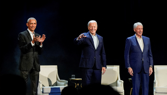 US President Joe Biden (c) raises $26 in his fundraiser also featuring Former presidents Barack Obama (L) and Bill Clinton (R). — Reuters