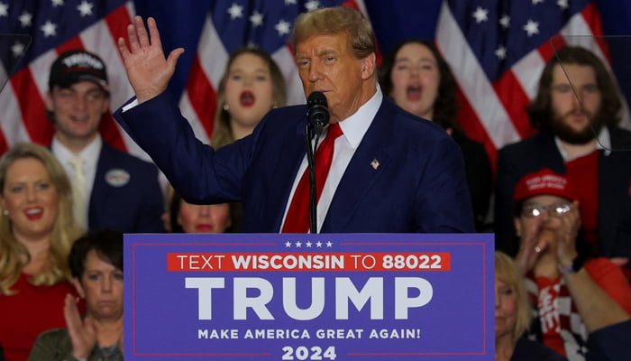 Former president Donald Trump gestures during a campaign rally in Green Bay, Wisconsin on April 2, 2024. — Reuters