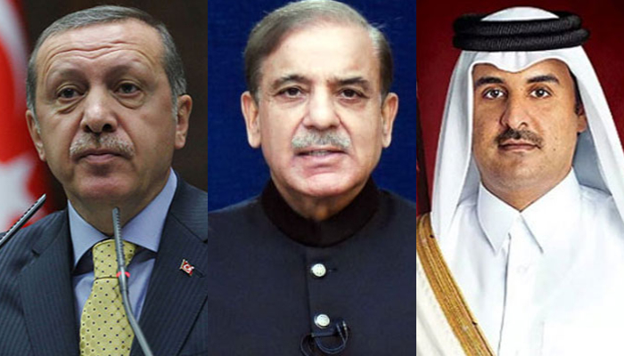 (From left to right) Turkish President Recep Tayyip Erdogan,Prime Minister Shehbaz Sharif and Qatar’s Emir Sheikh Tamim bin Hamad Al Thani. — Radio Pakistan/AFP/File