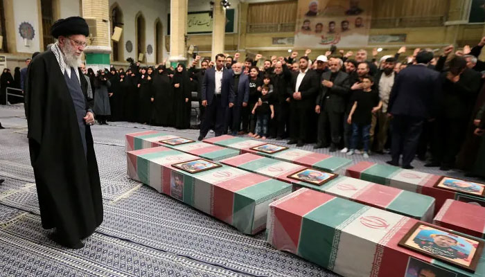 Iran’s Supreme Leader, Ayatollah Ali Khamenei looks at the coffins of members of the Islamic Revolutionary Guard Corps who were killed in the Israeli airstrike on the Iranian embassy complex in the Syrian capital Damascus, during a funeral ceremony in Tehran, Iran April 4, 2024. — Office of the Iranian Supreme