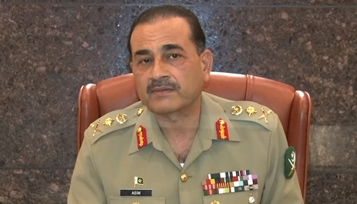 Chief of Army Staff (COAS) General Syed Asim Munir addresses the 264th Corps Commanders Conference at the GHQ on April 16, 2024, in this still taken from a video. — ISPR