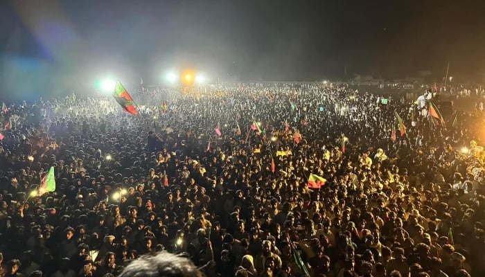 Pakistan Tehreek-e-Insaf and Sunni Ittehad Council (SIC) supporters attend the public gathering in Kasur in this picture released on April 19, 2024. —X/ @PTI_Politics