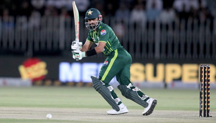 Pakistan skipper Babar Azam plays a stroke during third T20I against New Zealand in Rawalpindi on April 21, 2024. — PCB