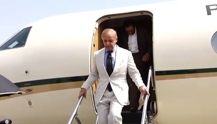 Prime Minister Shahbaz Sharif reaches Karachi on a day-long visit to the port city. —Radio Pakistan/file