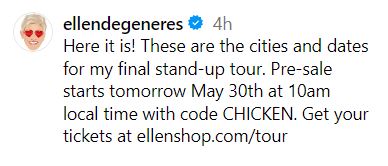 Ellen DeGeneres announces dates for final comedy comeback
