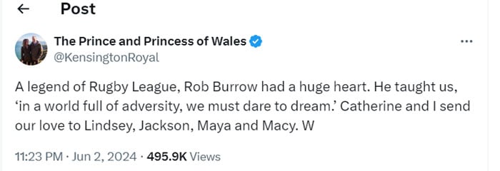 Prince William pays tribute to former rugby league star Rob Burrow