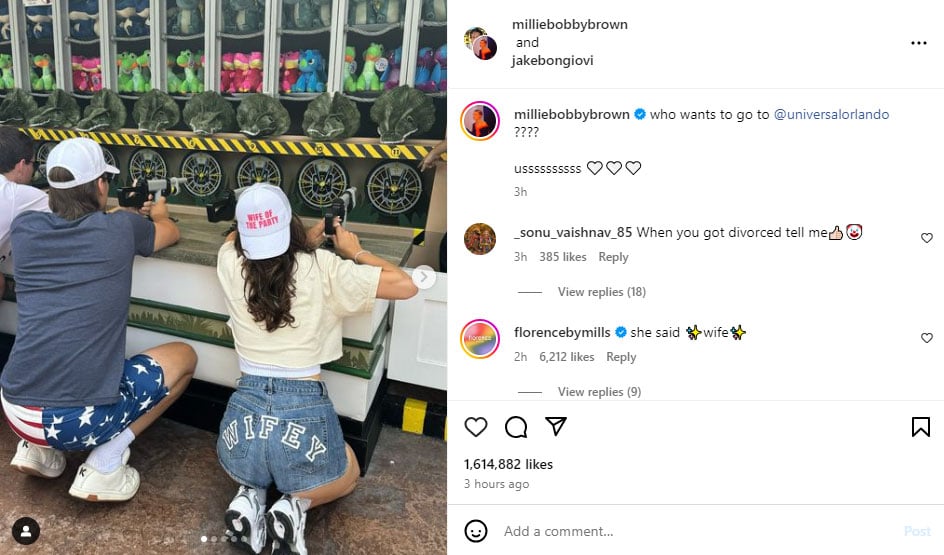 Millie Bobby Brown confirms Wifey status in a cheeky post