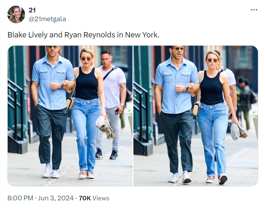 Ryan Reynolds, Blake Lively take time off from parenting duties in NYC