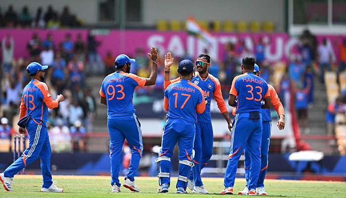 Indias Axar Patel (C,R) celebrates after dismissing Australias Marcus Stoinis during the Twenty20 World Cup 2024 Super Eight cricket match, Australia vs India, Daren Sammy National Cricket Stadium, Gros Islet, June 24, 2024. — AFP