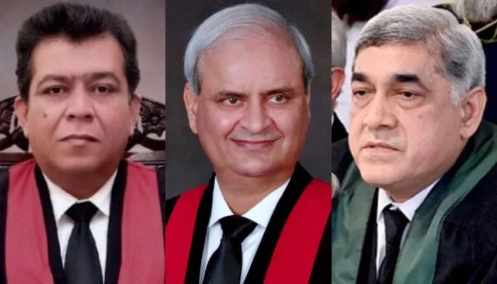 (Left to right): LHC Justice Shahid Bilal, LHC Chief Justice Malik Shahzad Ahmad and Sindh High Court Chief Justice Aqeel Abbasi. — LHC website/APP/File