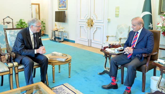 Co-Chair of the Bill & Melinda Gates Foundation (BMGF) Bill Gates (left) and Prime Minister Shehbaz Sharif talk in a meeting at the PMs House on June 24, 2024. — PMO