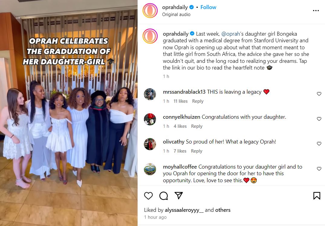 Oprah Winfrey celebrates medical school success of her daughter-girl