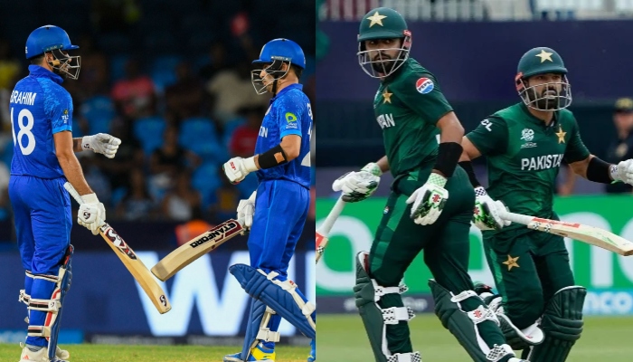 Afghanistan players Ibrahim Zadran and Rahmanullah Gurbaz (left) and Pakistan skipper Babar Azam and wicketkeeper-batter Muhammad Rizwan. — AFP