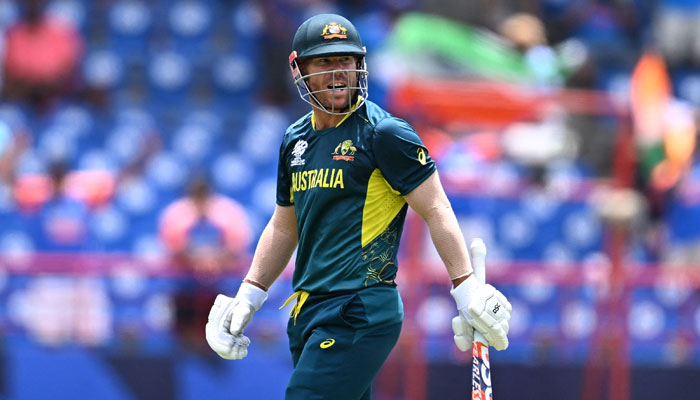 Australias David Warner reacts after getting dismissed during the ICC mens T20 World Cup 2024 Super 8 cricket match against India at Daren Sammy National Cricket Stadium in Gros Islet, Saint Lucia on June 24, 2024. — AFP