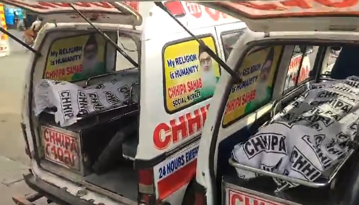 Chhipa ambulances carry the bodies of unidentified persons in Karachi in this undated photo. — Reporter