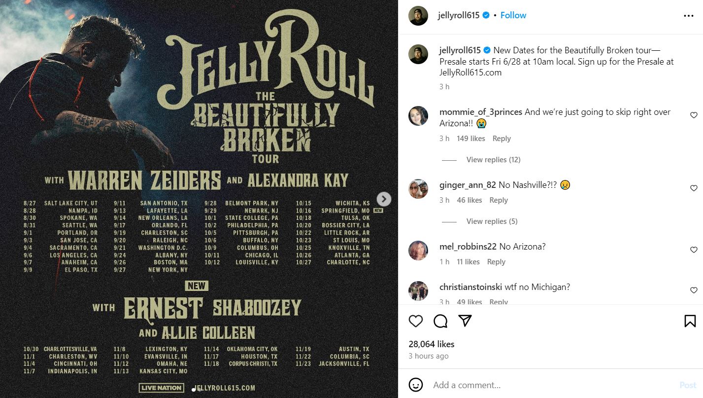 Jelly Roll hypes up The Beautifully Broken Tour as ticket pre-sale nears