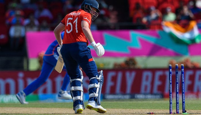 Jonny Bairstow of England is bowled by Axar Patel of India during the ICC men´s Twenty20 World Cup 2024 semi-final cricket match between India and England at Providence Stadium in Georgetown, Guyana, on June 27, 2024. — AFP