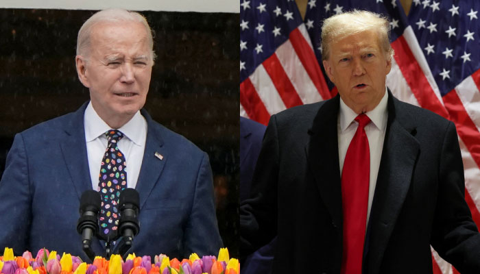 President Joe Biden (L) attends the annual Easter Egg Roll in Washington on April 1, 2024, and former president Donald Trump speaks during a press conference in New York City on March 25, 2024.  — Reuters