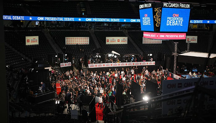 Media gathers in the spin room following the CNN Presidential Debate between US President Joe Biden and Republican presidential candidate, former US President Donald Trump at the McCamish Pavilion on the Georgia Institute of Technology campus on June 27, 2024 in Atlanta. — AFP