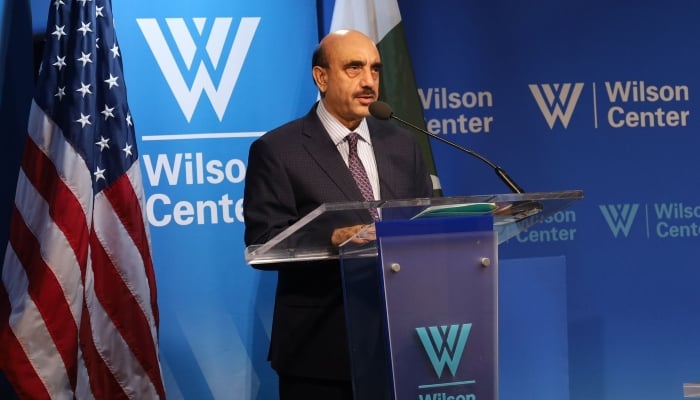 Pakistans Ambassador to the United States Masood Khan addressing at theWilson Centers South Asia Institute in Washington. — Supplied