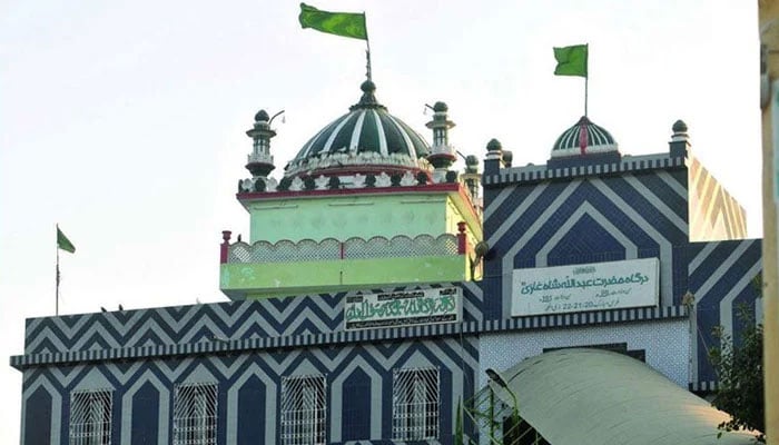 A front-view of the shrine of the Sufi saint Hazrat Abdullah Shah Ghazi (RA) in Clifton, Karachi. — APP/File