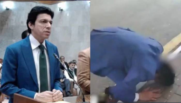 Senator Faisal Vawda seen standing in the Supreme Court and prostrating in the second image in this collage. — Screengrab/X/GeoNews Live/MurtazaViews