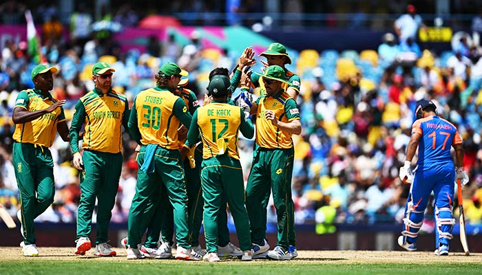 South Africa celebrates after India´s Rishabh Pant (R) was caught behind during the ICC men´s Twenty20 World Cup 2024 final cricket match between India and South Africa at Kensington Oval in Bridgetown, Barbados, on June 29, 2024. — AFP