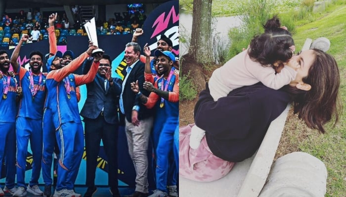 This combination of images shows Indias crciket team raising the ICC T20 World Cup 2024 trophy (and Anushka Sharma plating with her daughter Vamika. — Instagram/@anushkasharma