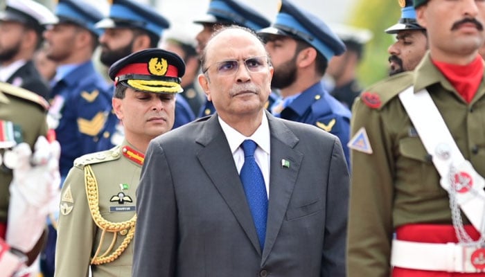 President Asif Ali Zardari inspecting the guard of honour, at the Aiwan-e-Sadr in Islamabad on March 11, 2024. — X/PresOfPakistan