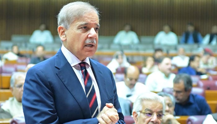 Prime Minister Shehbaz Sharif addresses the budget session of the National Assembly in Islamabad on June 28, 2024. — PID