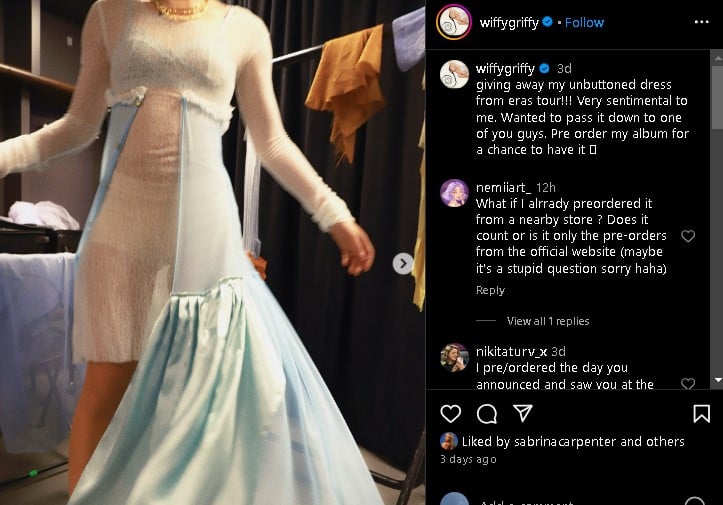 Griff wore handmade dress inspired by the But Daddy I Love Him lyrics at Taylor Swift Eras Tour opening