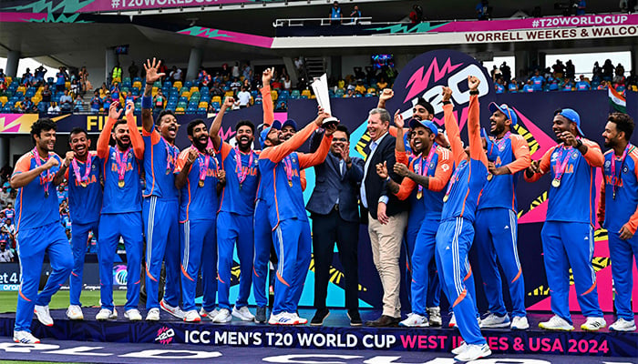 Team India celebrates with the trophy after winning the ICC mens Twenty20 World Cup 2024 final cricket match, India vs South Africa, Kensington Oval in Bridgetown, Barbados, June 29, 2024. — AFP