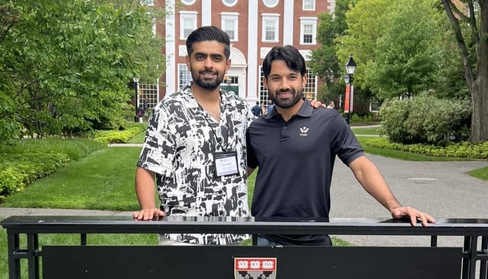 Pakistan skipper Babar Azam with batsman Mohammad Rizwan outside the Harvard Business School in Boston,Massachusetts, USA, on June 4, 2023. —Facebook/MBabarAzamPakistan